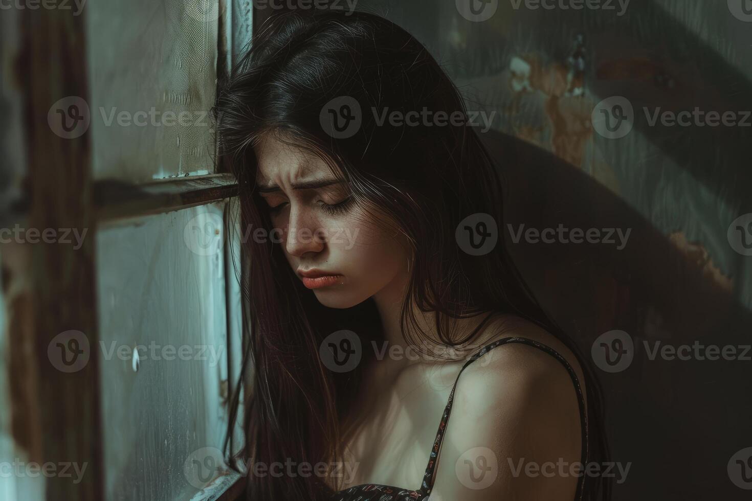 Contemplative young woman by window light photo