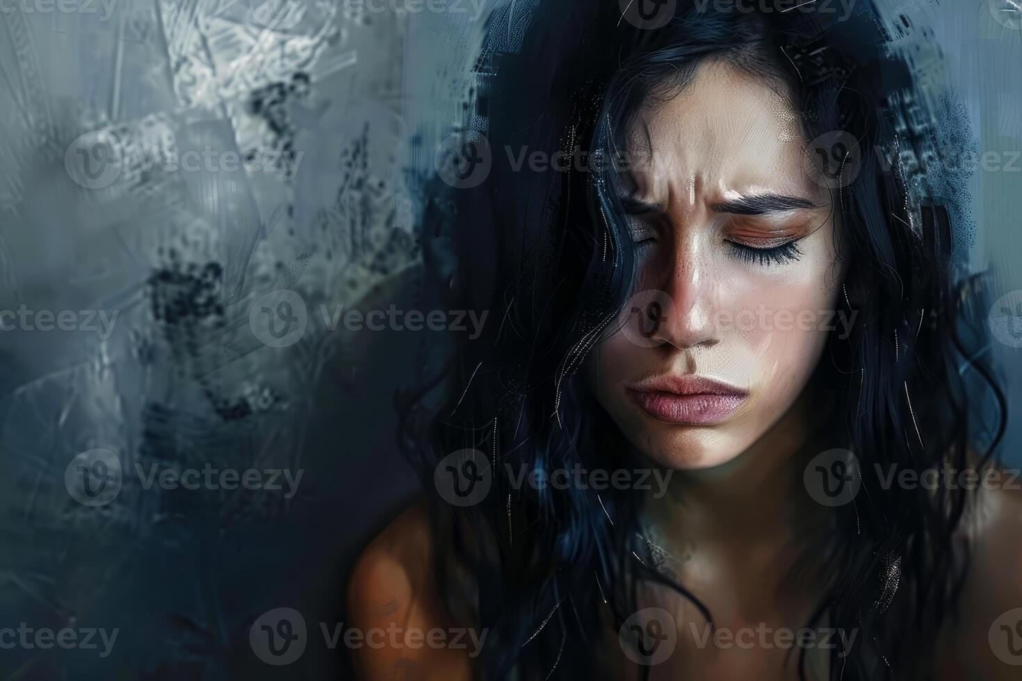 Solitude tears, woman crying by window photo