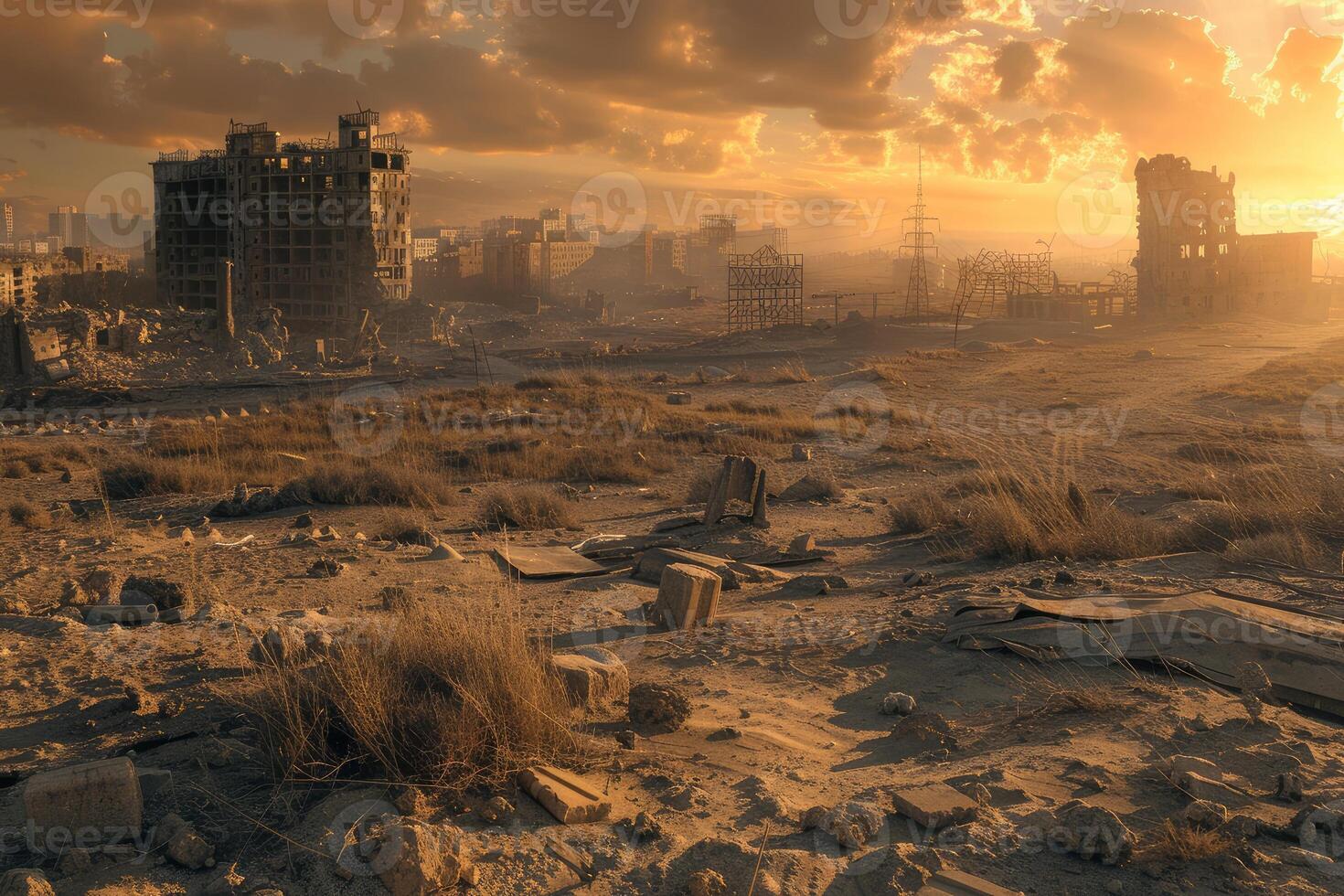 Postapocalyptic sunset over ruined cityscape photo