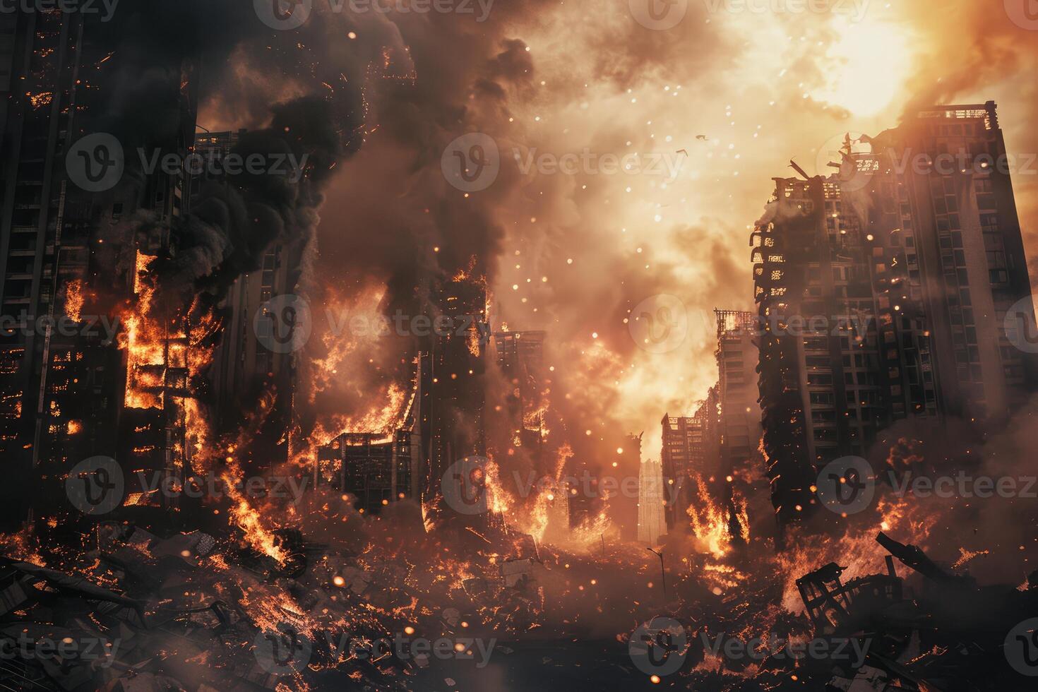 Apocalyptic cityscape engulfed in flames photo