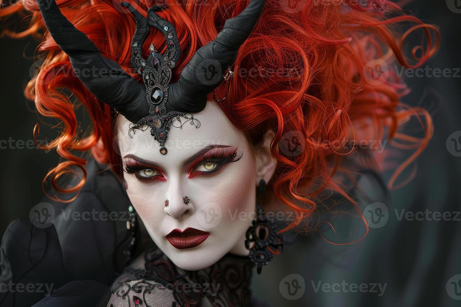 Enchanting redhead with horns and dramatic makeup photo