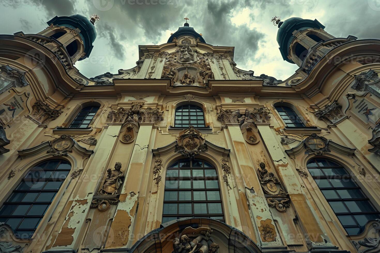 Majestic baroque church facade under cloudy sky photo