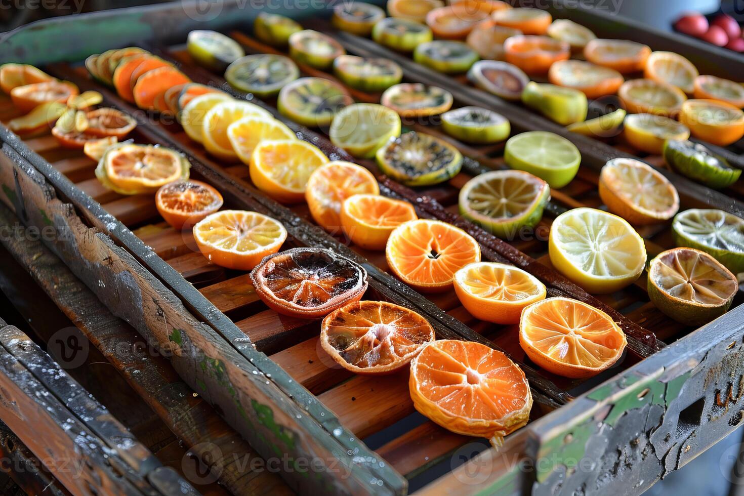 Vibrant citrus slices arranged on rustic tray photo
