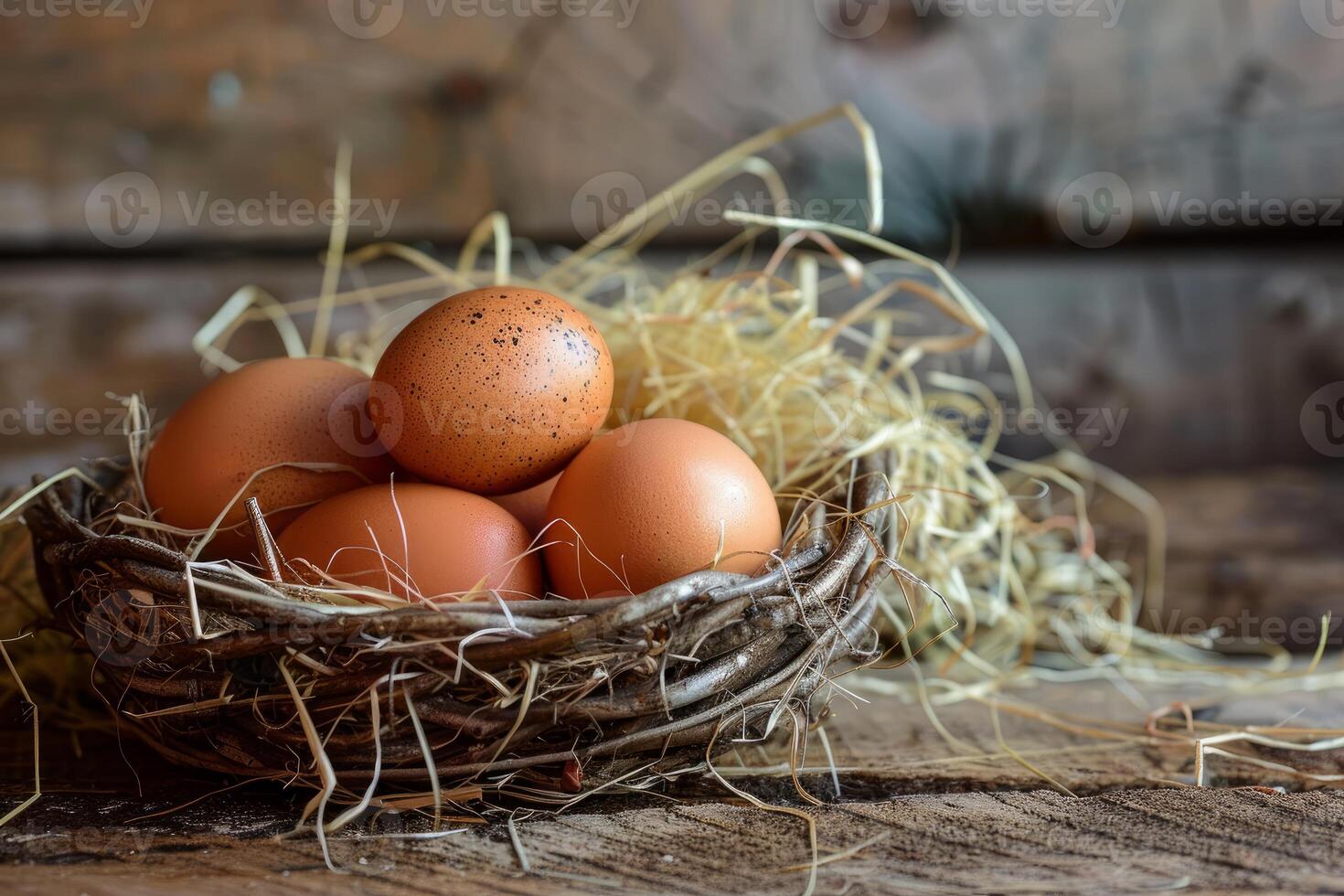Rustic chicken eggs in a straw nest photo
