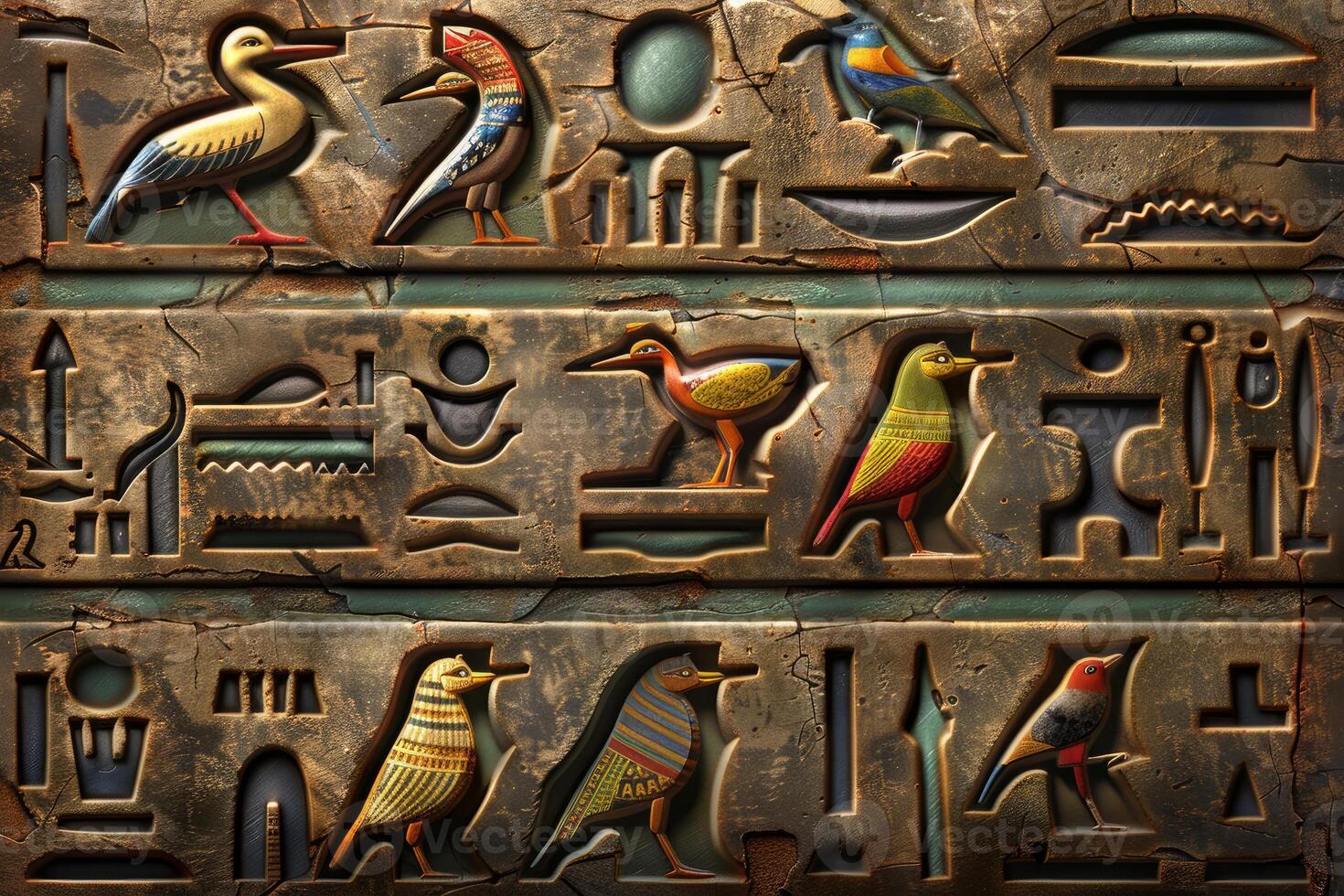 Ancient egyptian hieroglyphs and symbols carved in stone photo