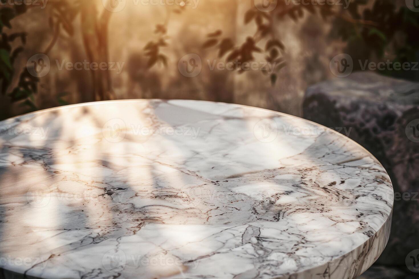 Golden hour sunlight on elegant marble table photo