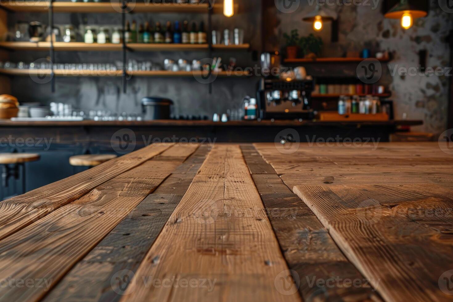 Rustic wooden table in modern coffee shop interior photo