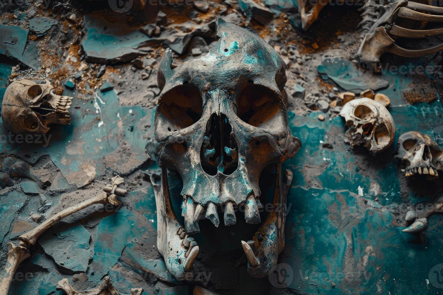 Ancient skull remains on textured surface photo