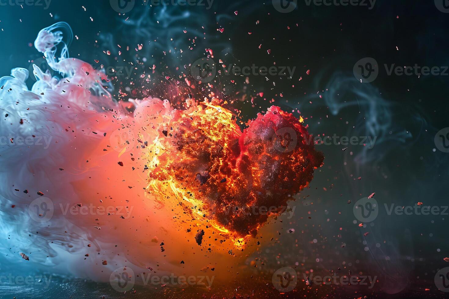 A blazing heart symbol erupting amidst vivid smoke photo