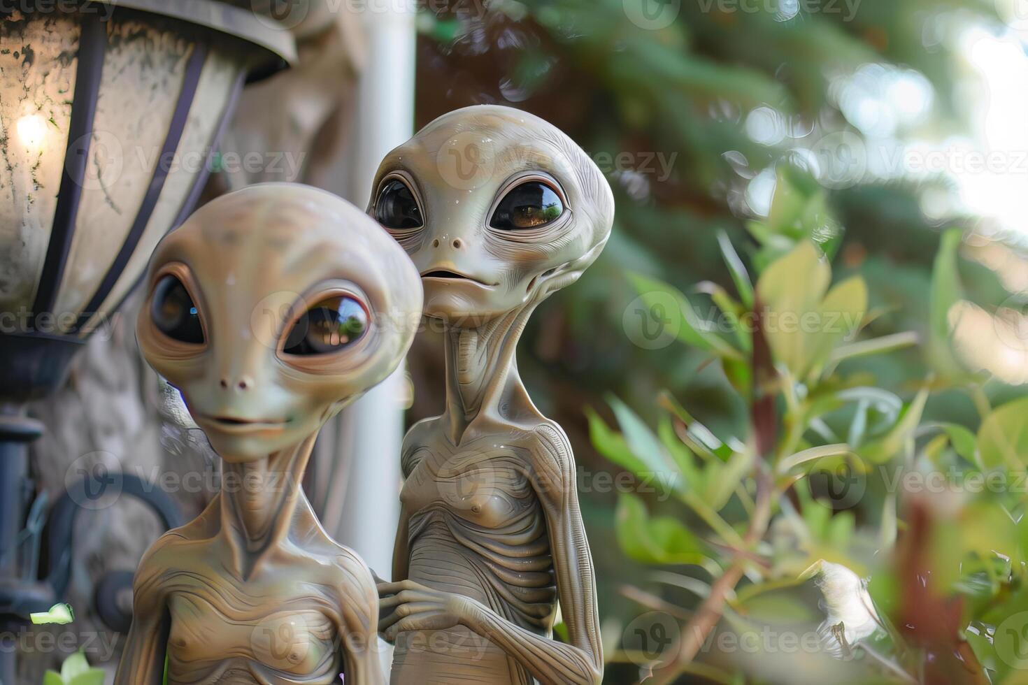 Enigmatic alien figurines in a garden photo