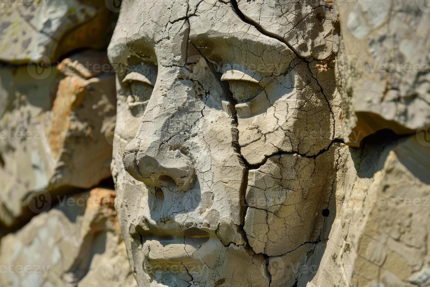 Cracked clay sculpture of a face photo