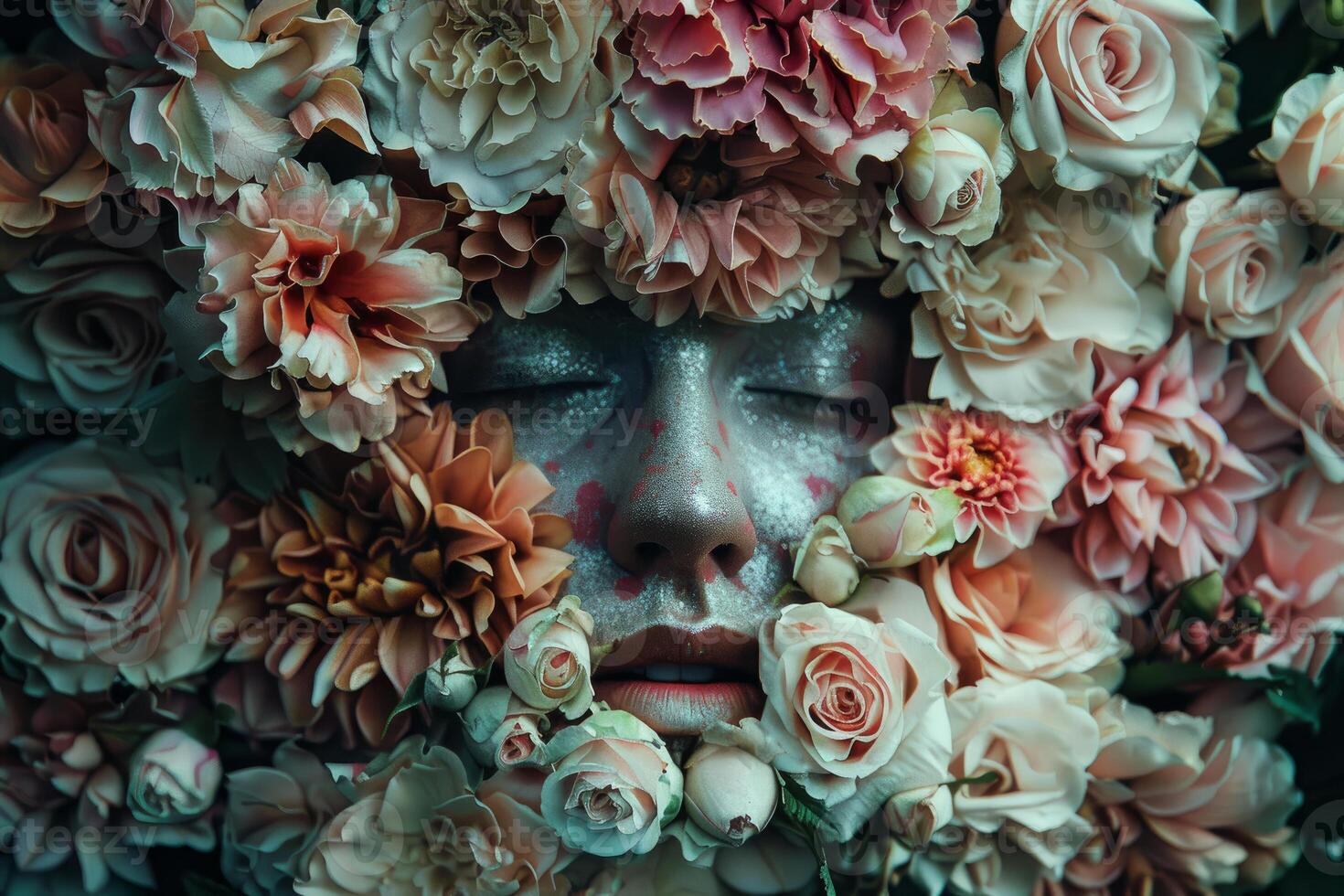 Artistic portrait of a person's face surrounded by a lush assortment of softhued blooms photo