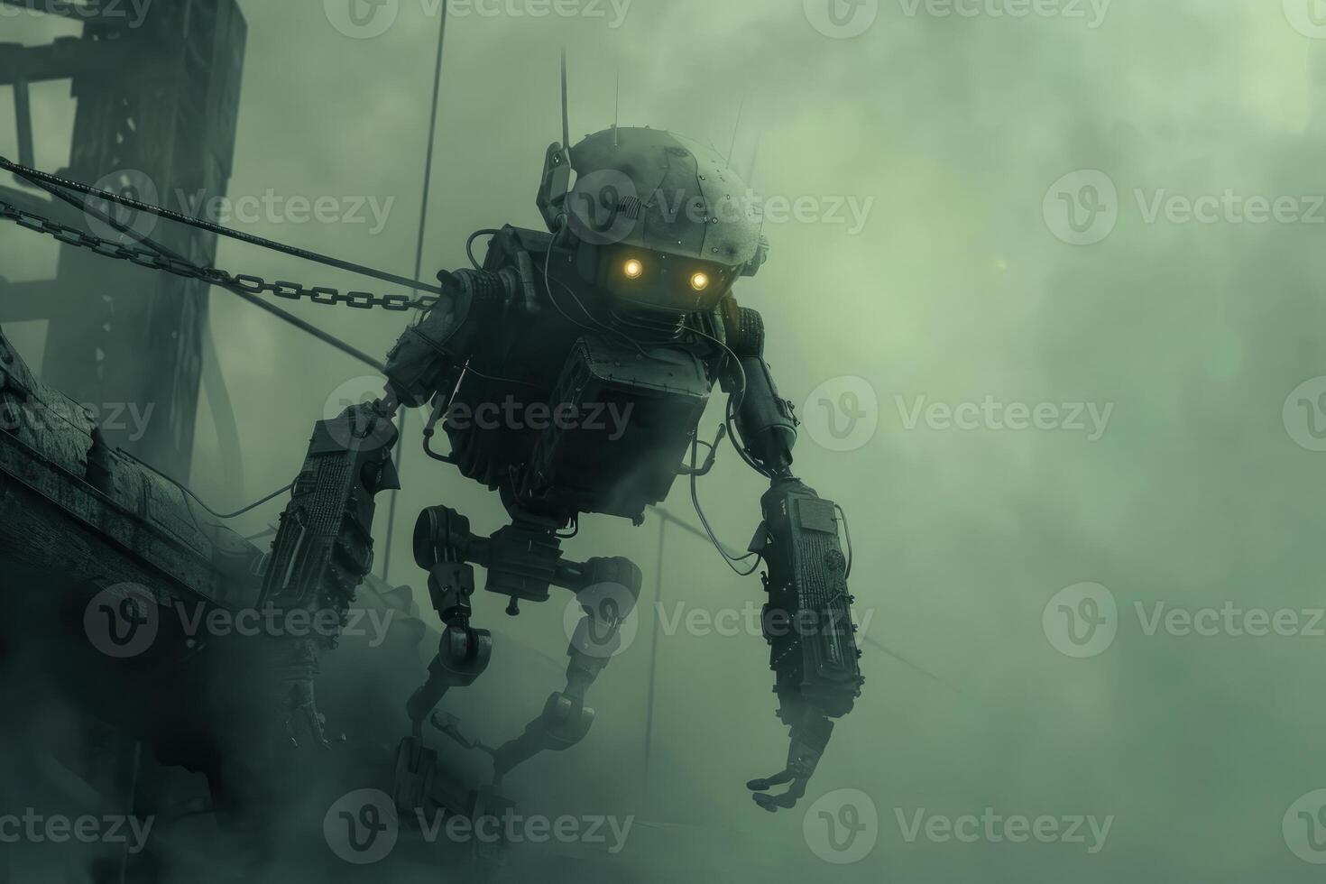 Futuristic robot in misty landscape photo