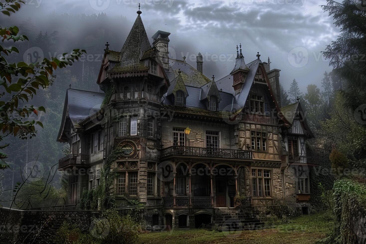 Enigmatic victorian manor in misty forest 47905630 Stock