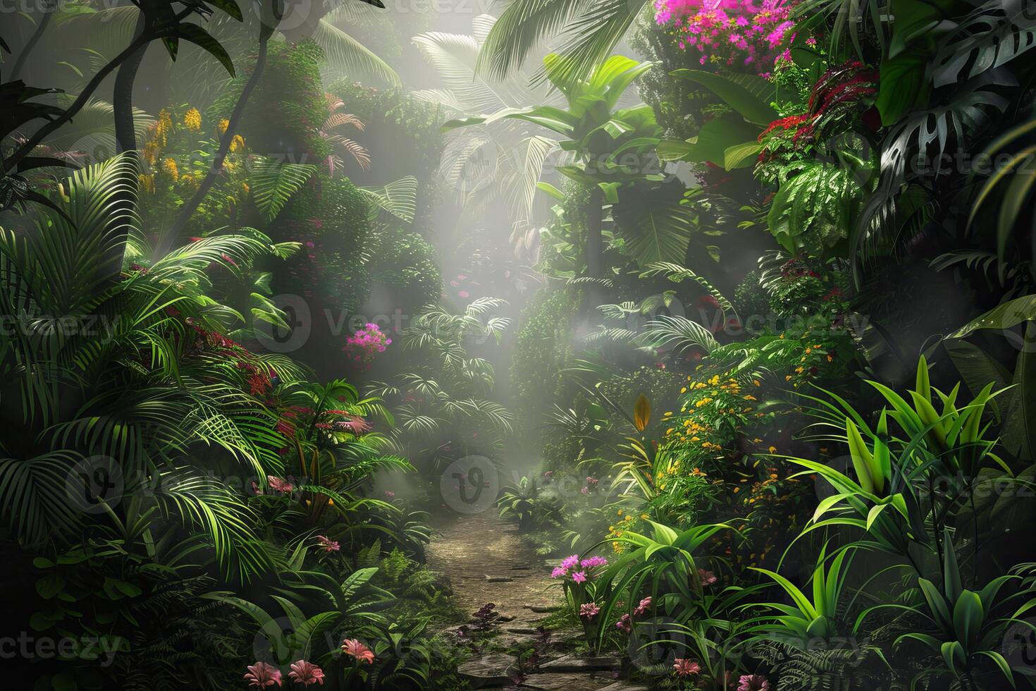 Tranquil and enchanted tropical forest pathway with lush greenery. Vibrant flora photo