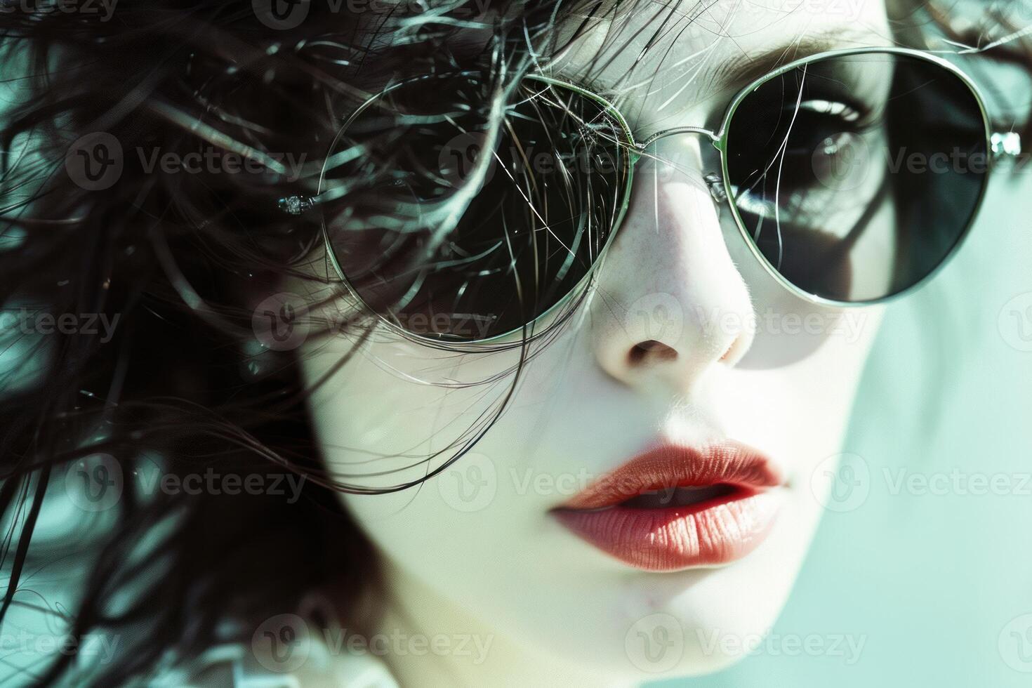 Closeup of a stylish woman with windblown hair wearing dark round sunglasses photo