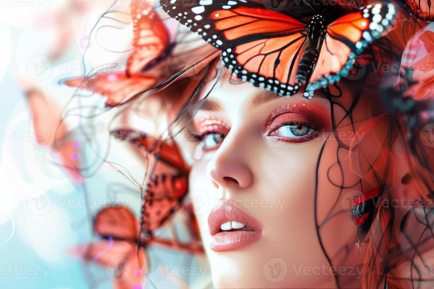 Stunning woman with vibrant butterfly makeup and aflutter with real monarch butterflies photo