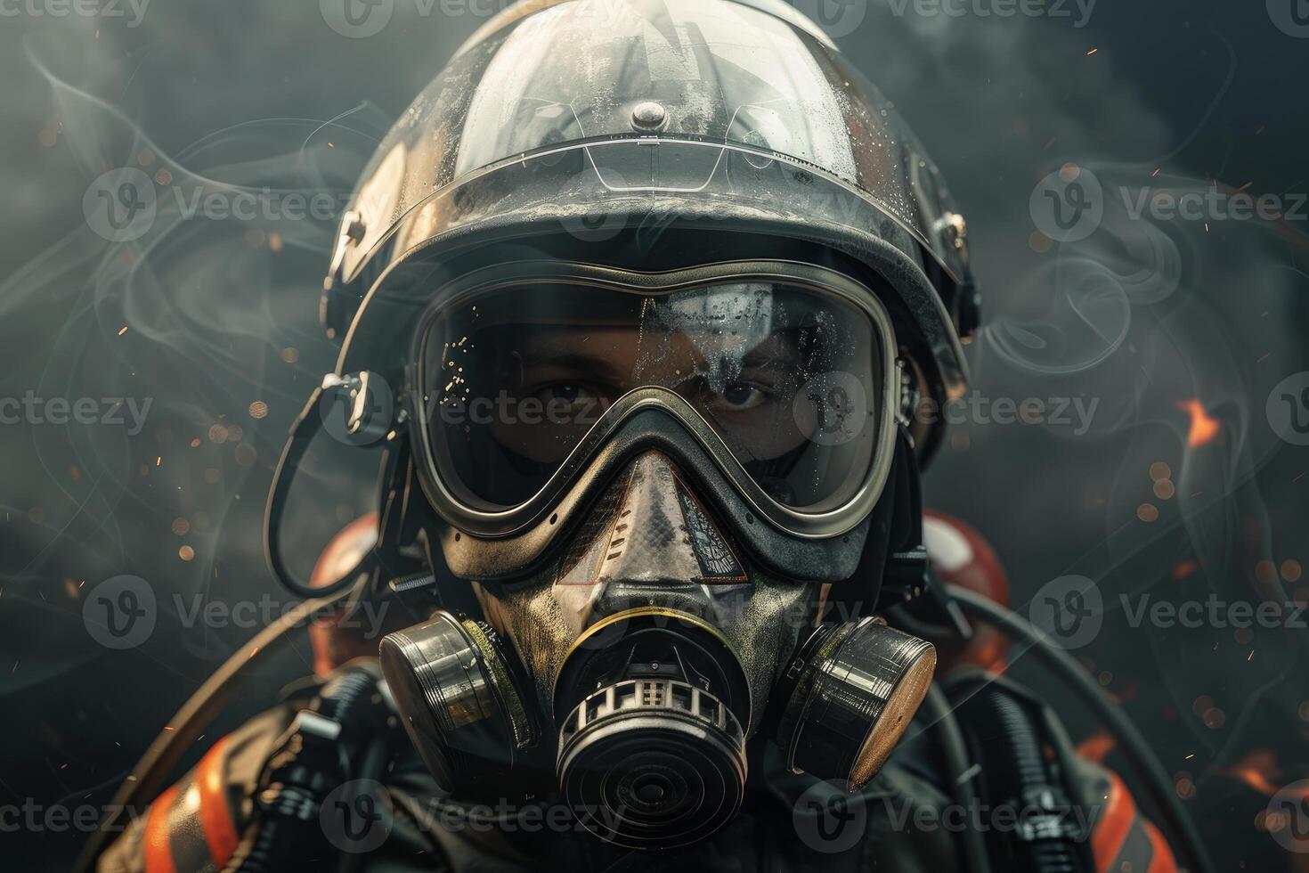 Close up portrait of a firefighter in protective gear photo