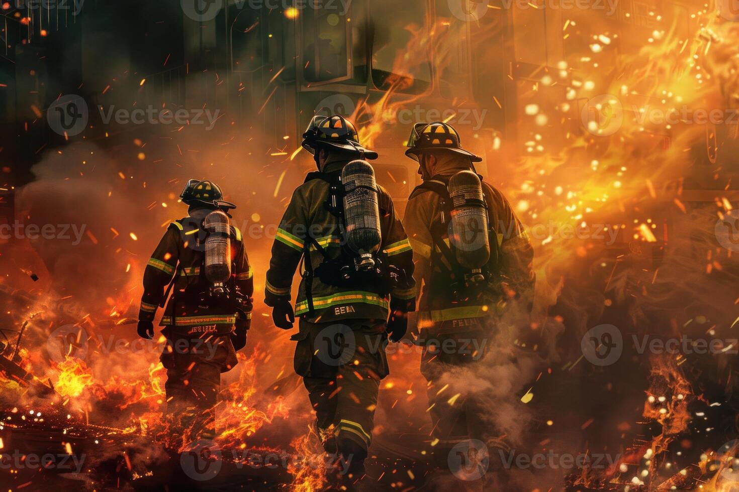 Heroic firemen walk through a blazing fire, tackling an aggressive urban wildfire photo
