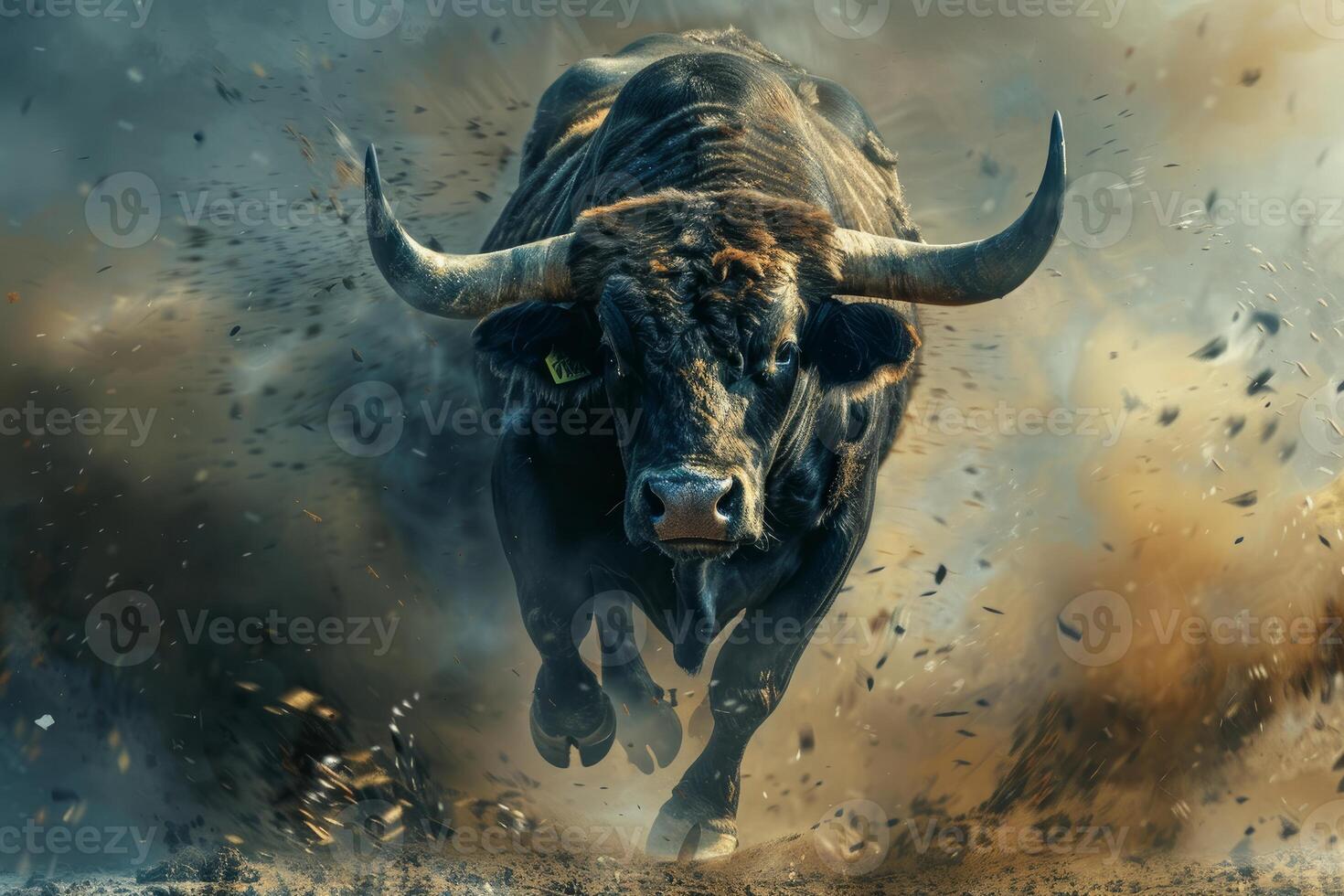 Charging bull in dynamic dust cloud photo