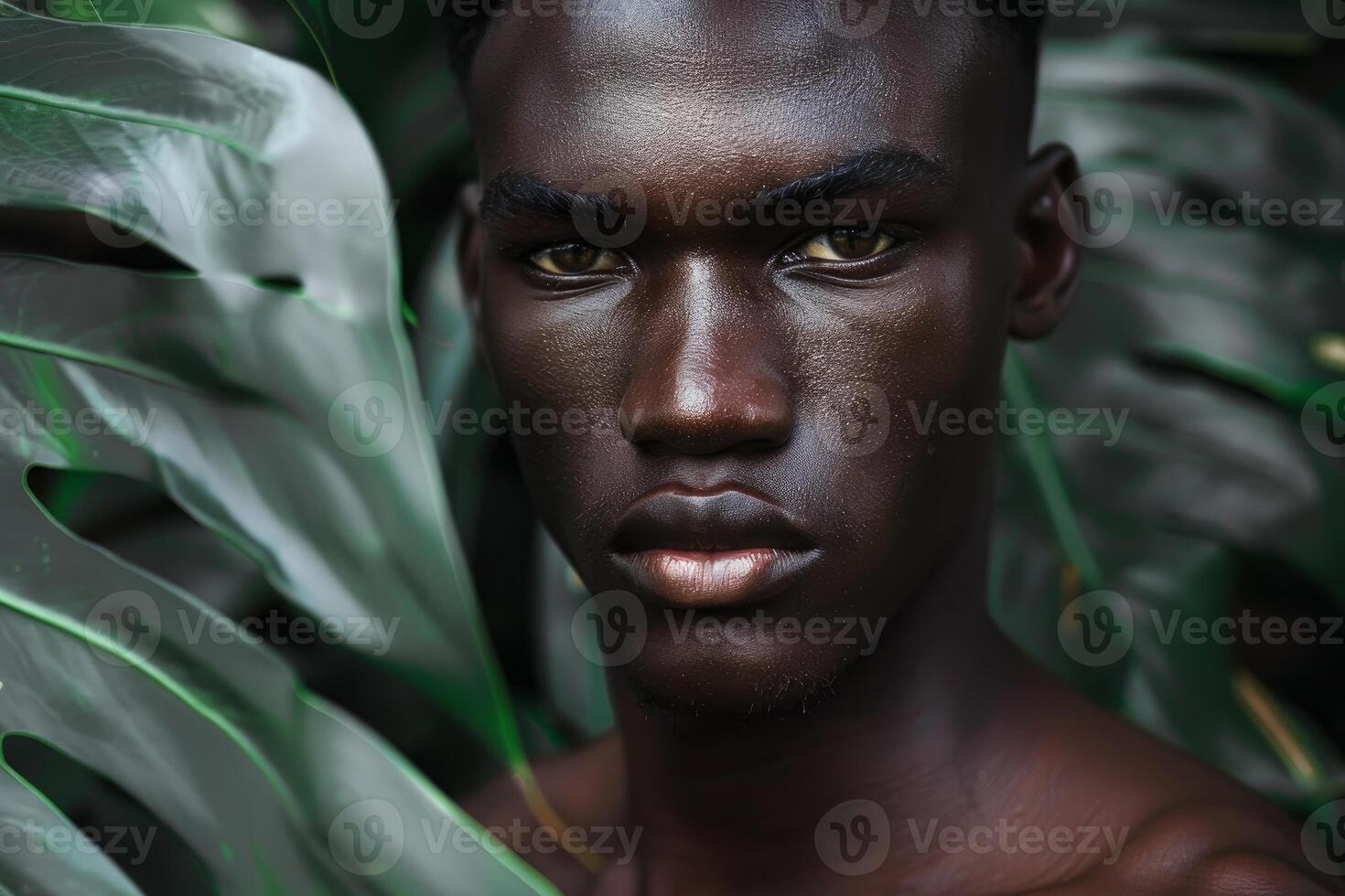 A portrait of a man with intense eyes surrounded by lush green leaves photo