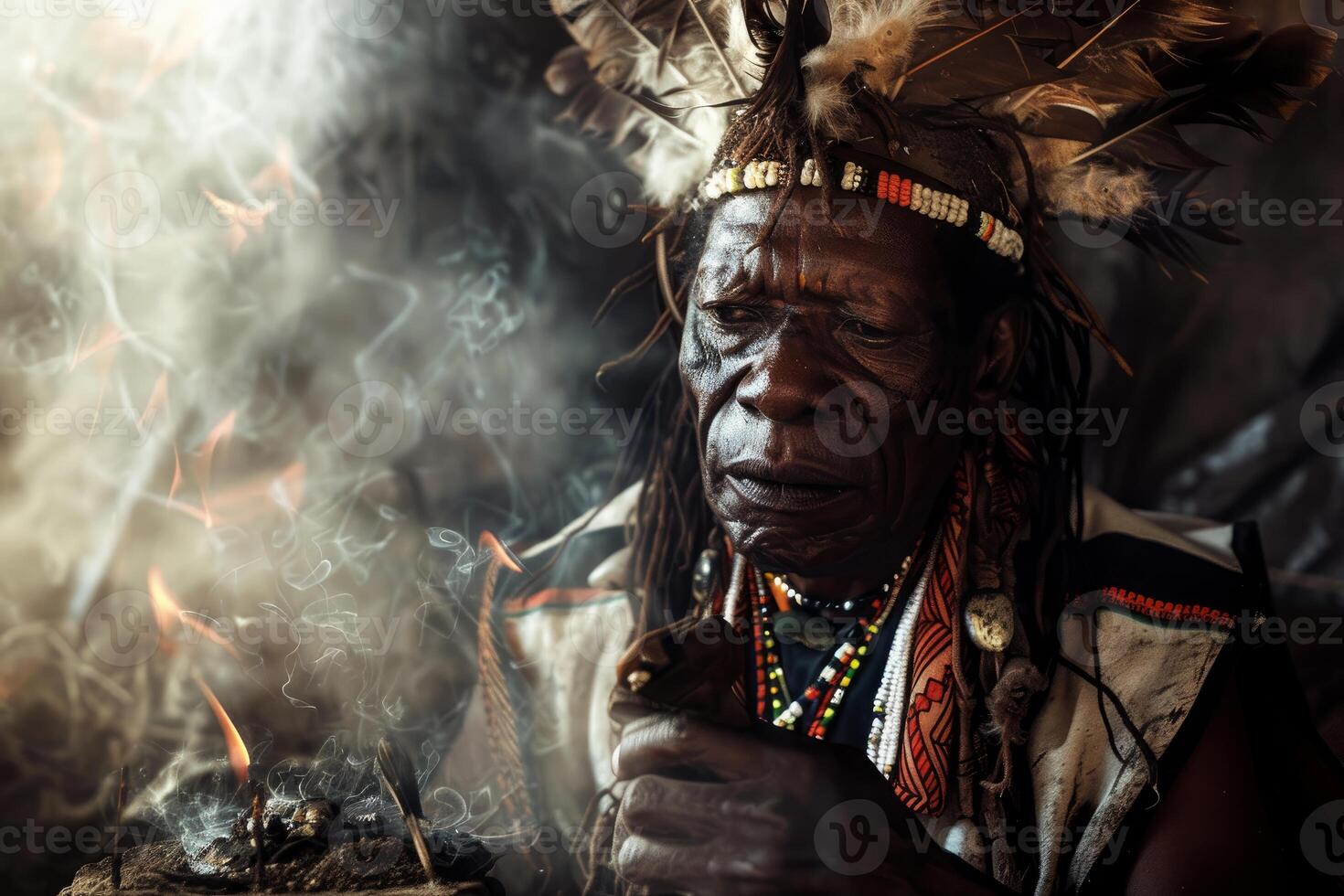 Traditional healer in ceremonial attire with smoke photo