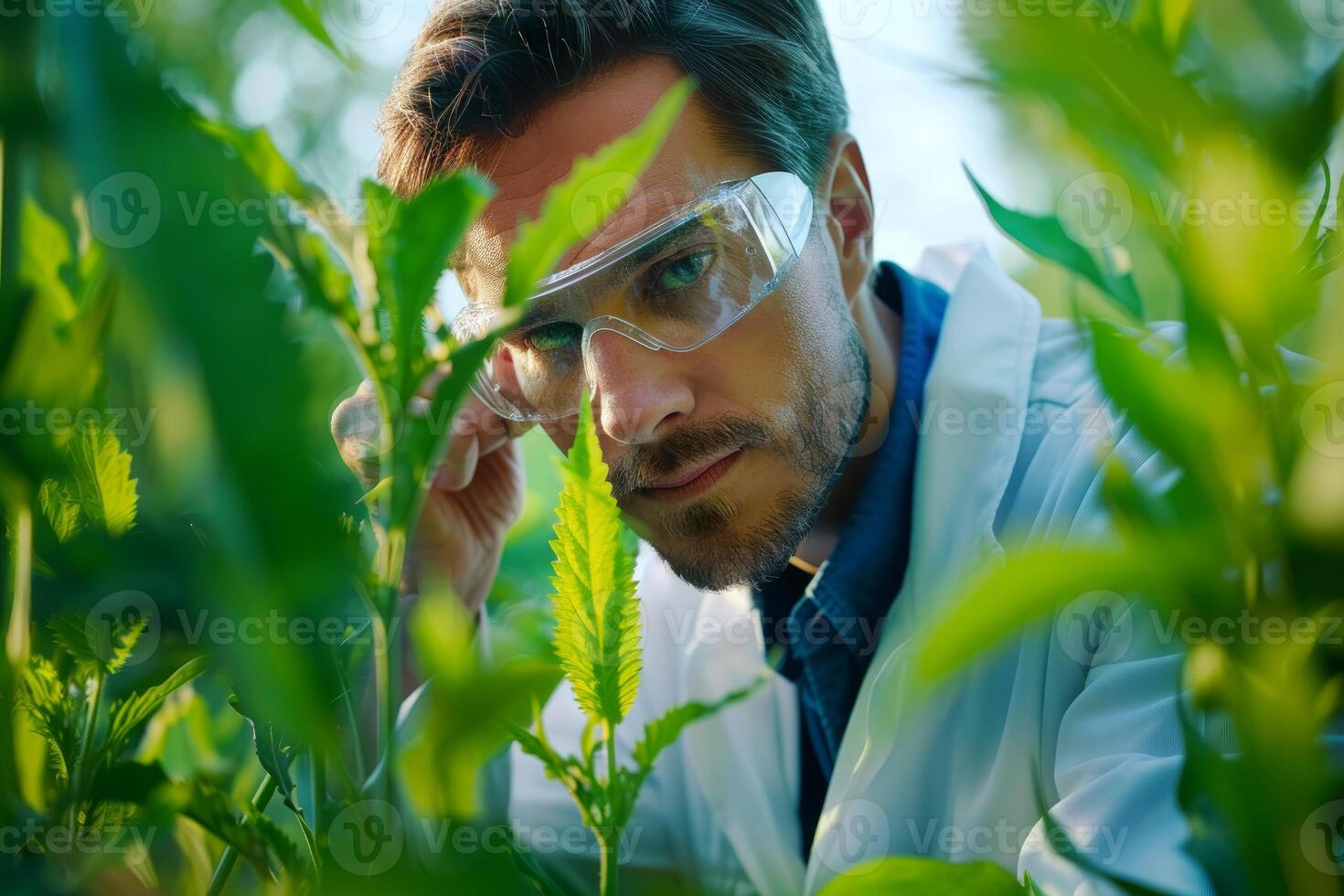 Botanist examining plant specimens in natural habitat photo