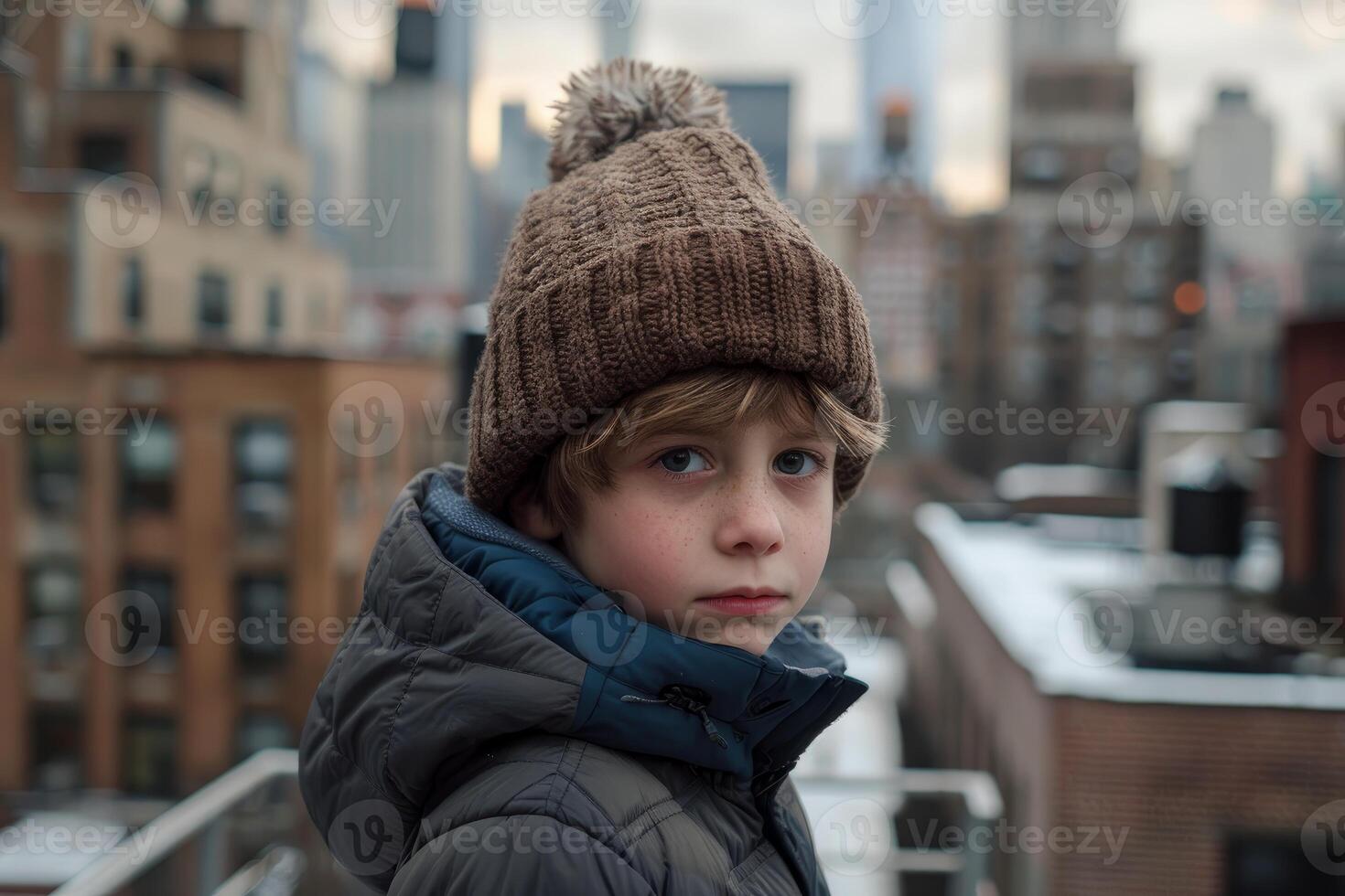 Pensive boy in winter attire overlooking cityscape photo