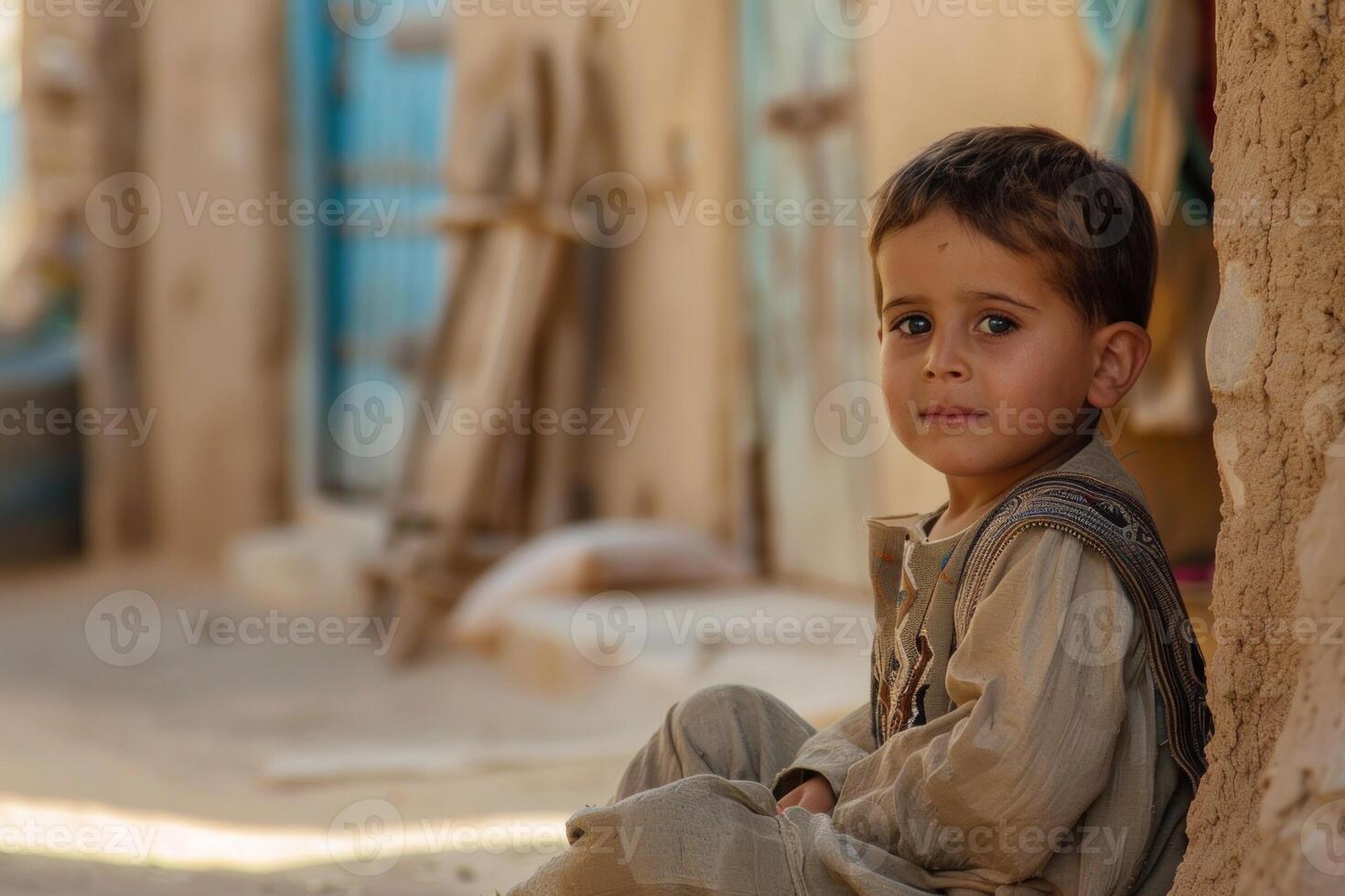 Thoughtful child sitting in a rustic alley photo