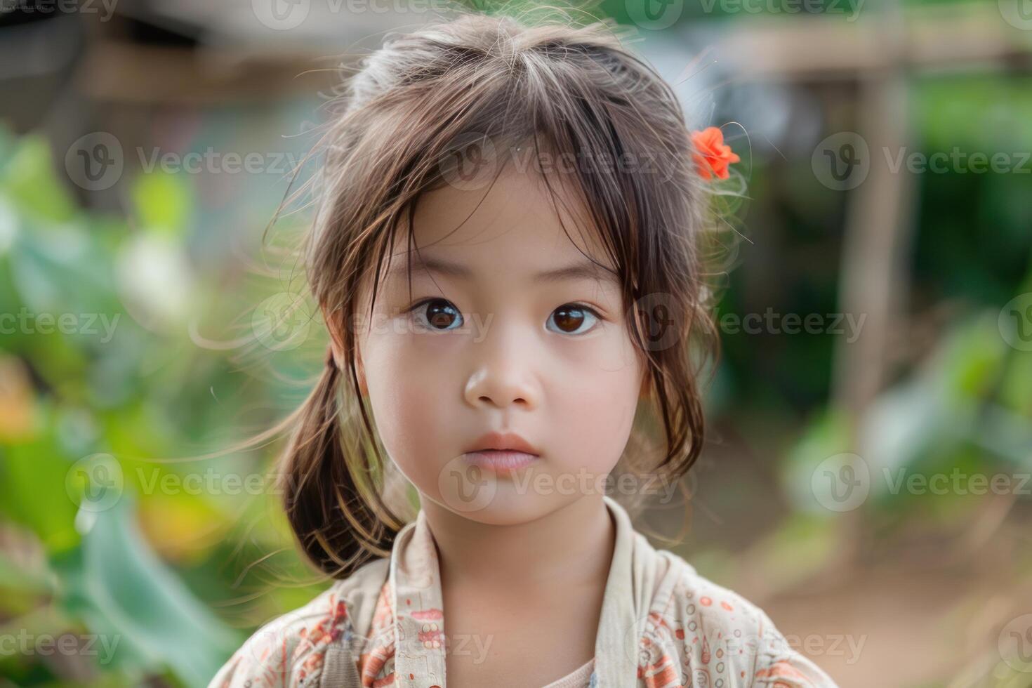 Innocent gaze of a young child with nature background photo