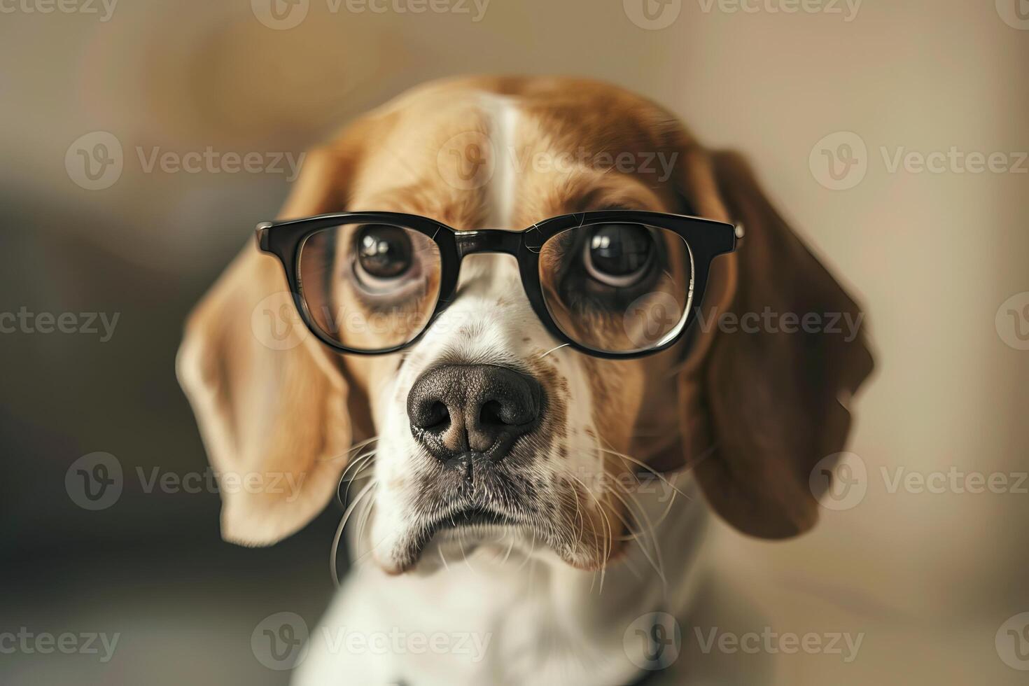 Portrait of a beagle dog with round glasses looking curiously at the camera photo
