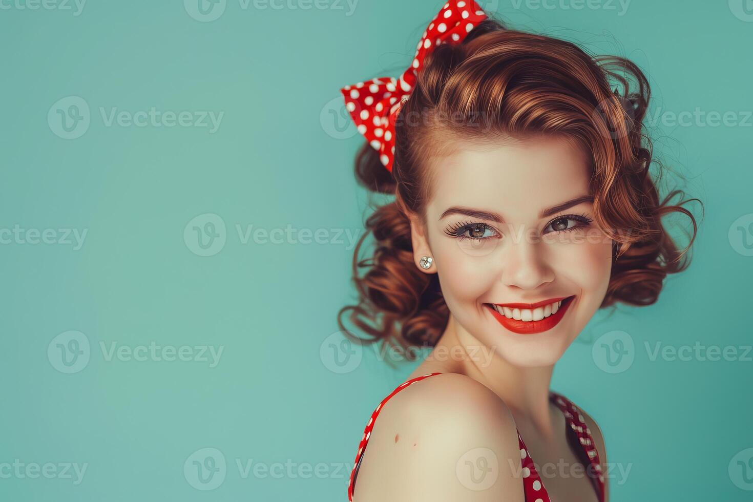 Beautiful smiling young woman with red hair and red lipstick is posing on blue background photo