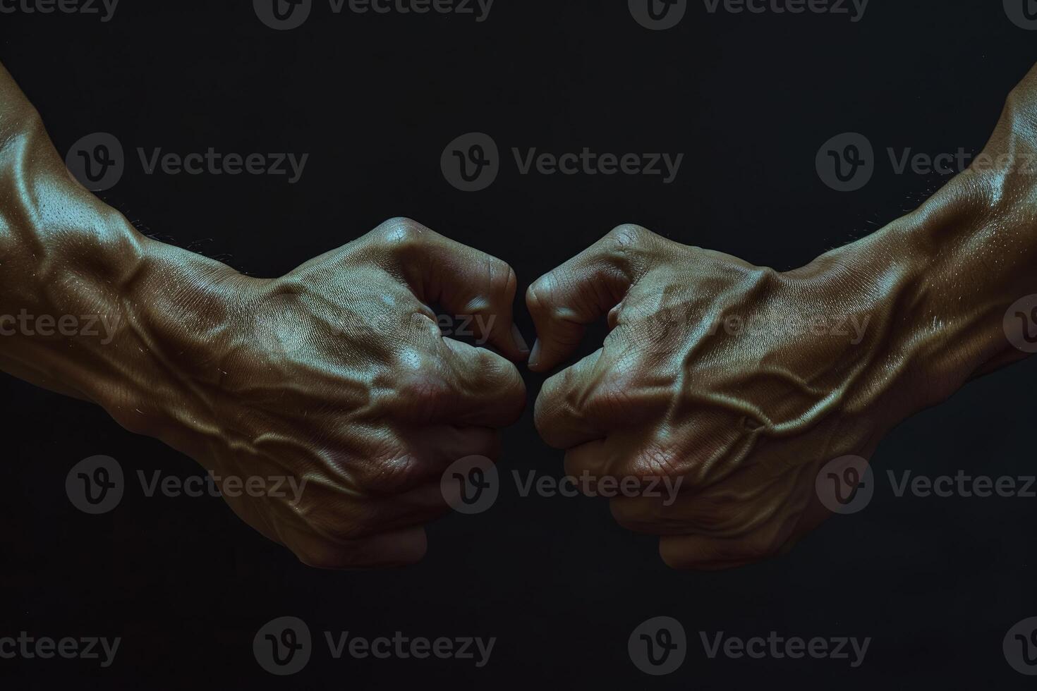 Powerful bodybuilder showing veins and muscles on hands clenching fists on black background photo