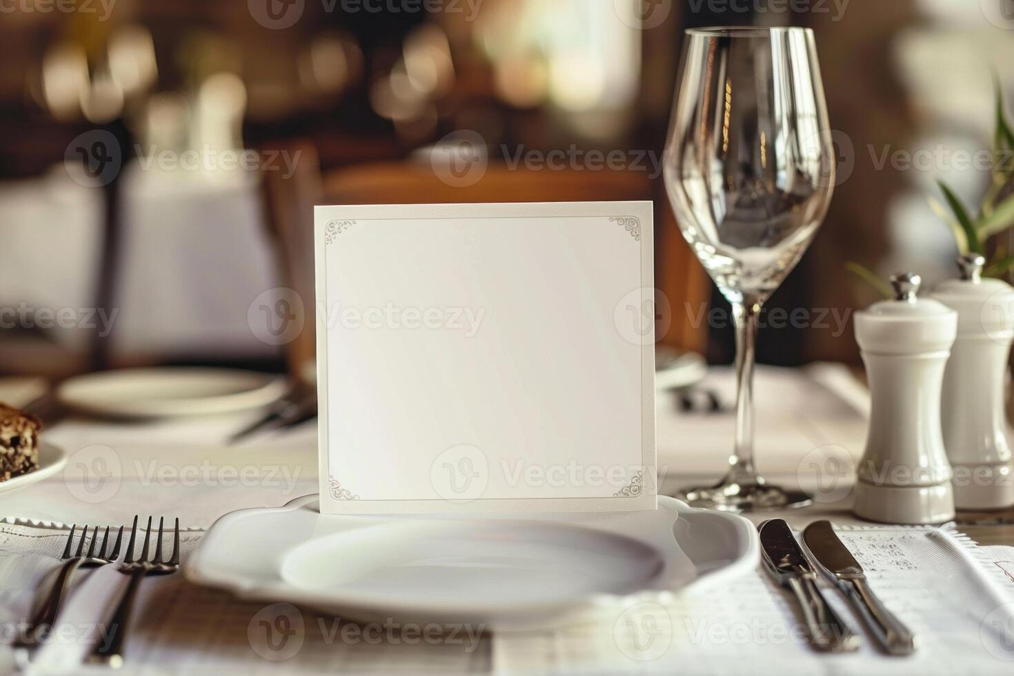 Elegant empty card showing on a table in a restaurant photo