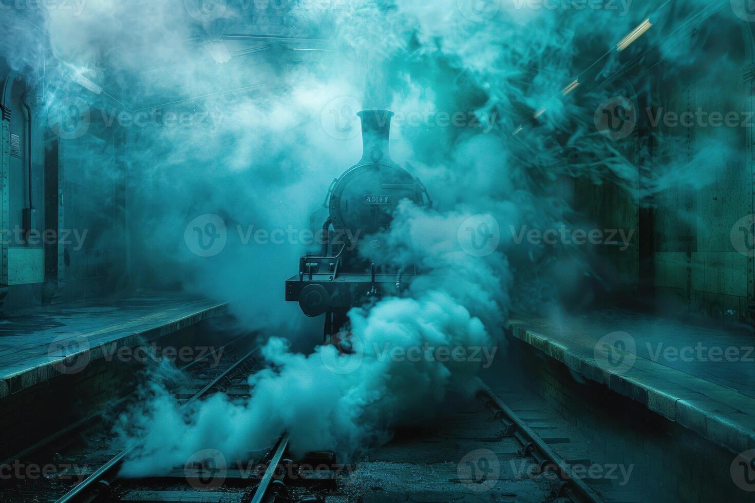 Old steam train standing on platform at night and generating huge amount of smoke photo