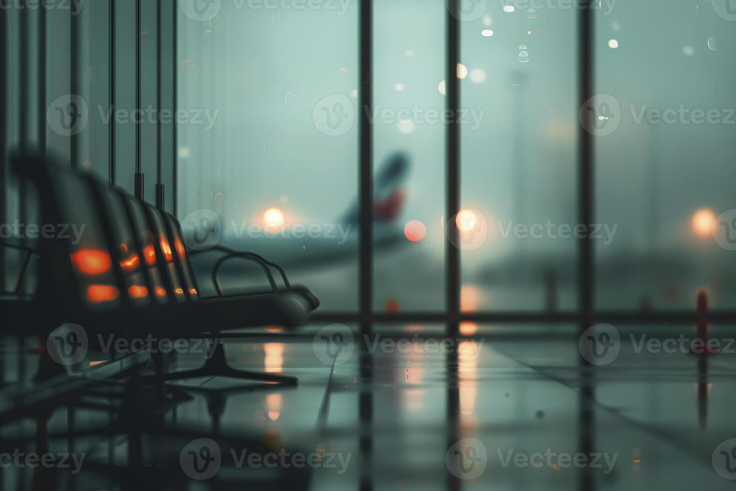 Empty airport terminal waiting area with airplane in background photo