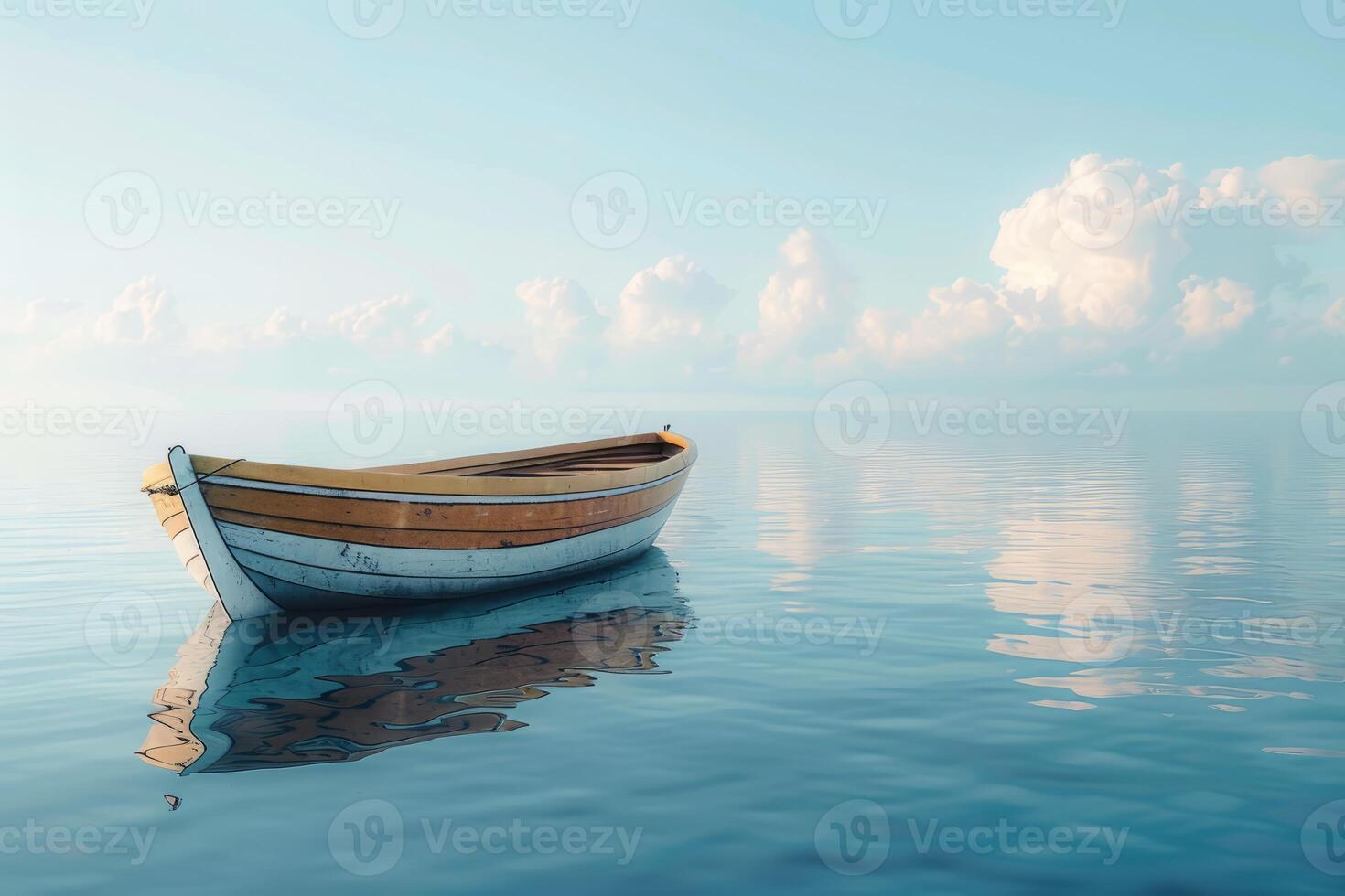 Small wooden boat floating on calm water under cloudy sky photo
