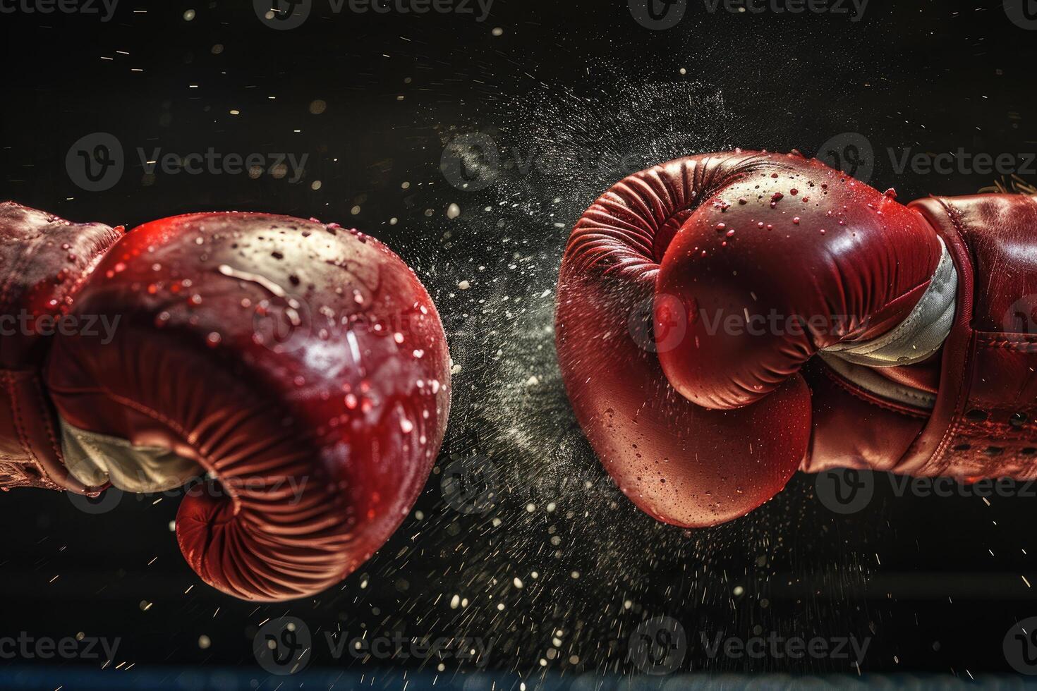 Two boxers with red boxing gloves exchanging punches during intense fight photo