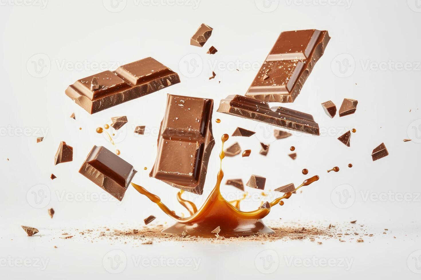 Chocolate bars falling and splashing into liquid caramel photo