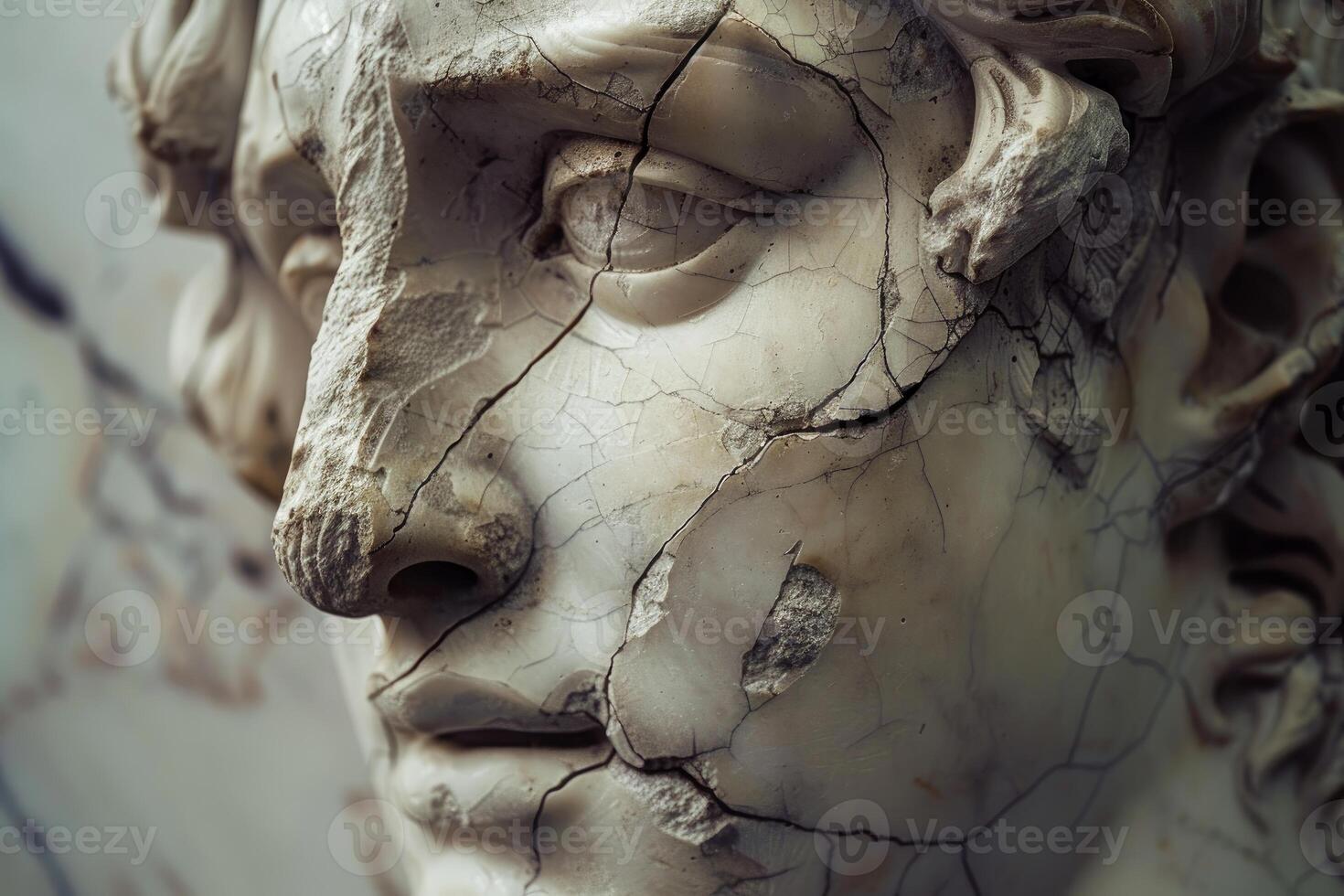 Close up of damaged face on antique statue photo
