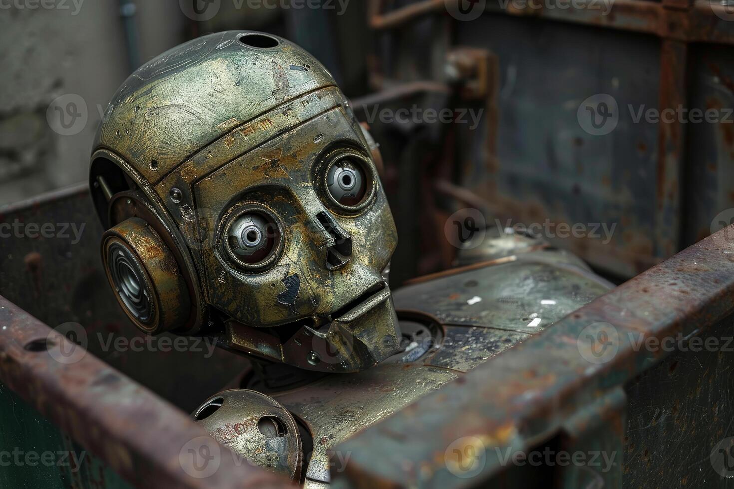 Old rusty robot lying down and waiting in a junkyard photo