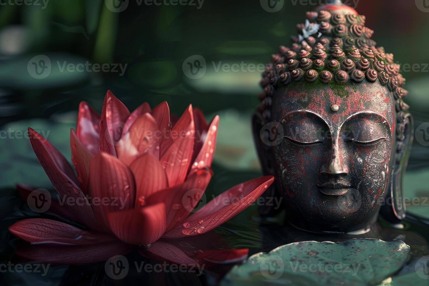 Buddha statue floating in water with red lotus flower photo