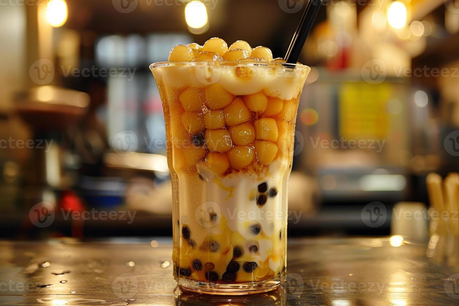 Taiwanese bubble tea with tapioca pearls is waiting on bar photo