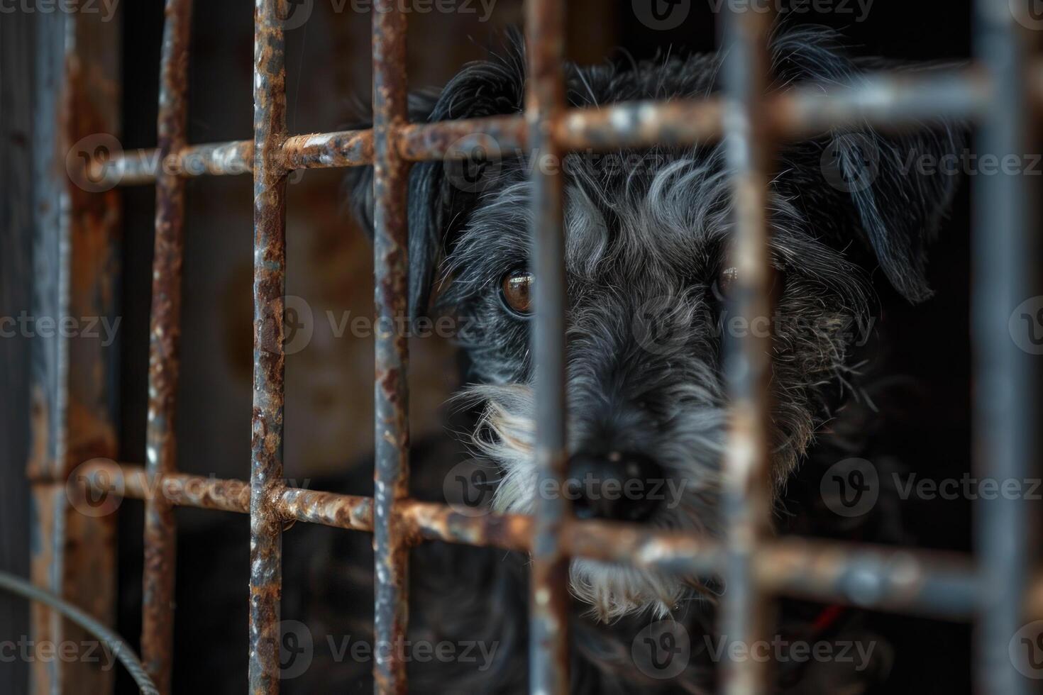 Sad dog waiting for adoption behind bars in a shelter photo