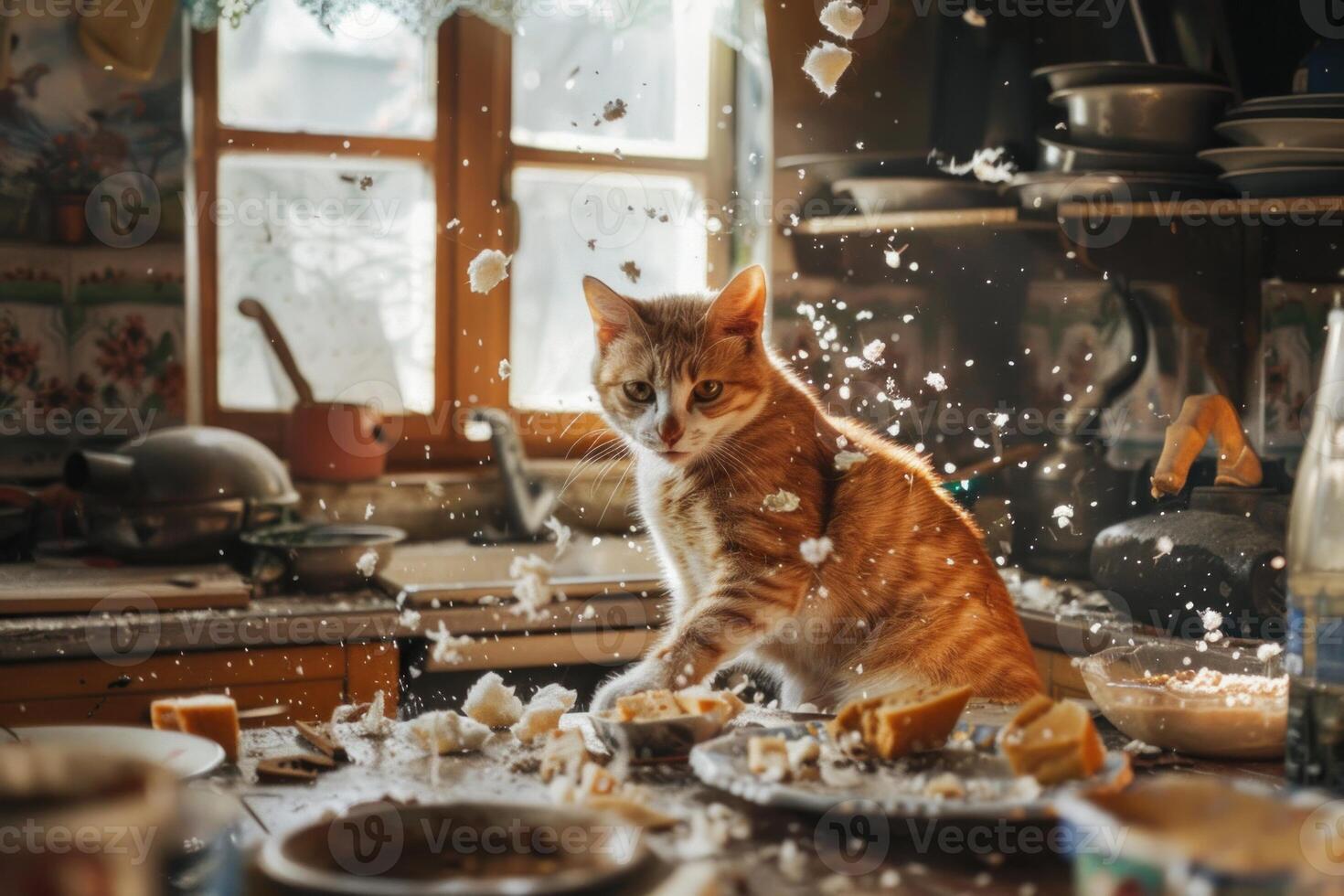 Ginger cat making mess and stealing food from kitchen counter photo