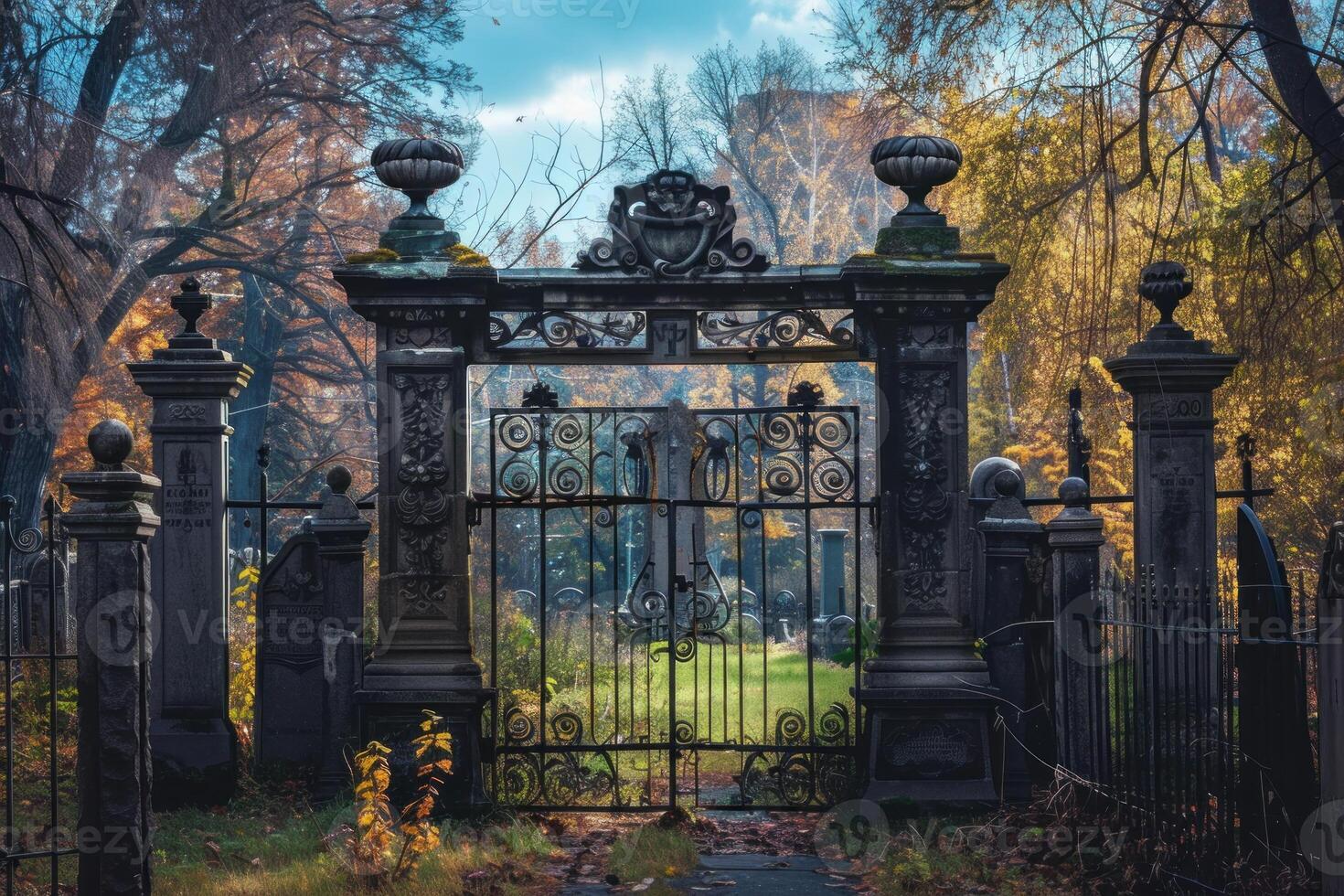Old wrought iron cemetery gate opening onto lush green grass photo