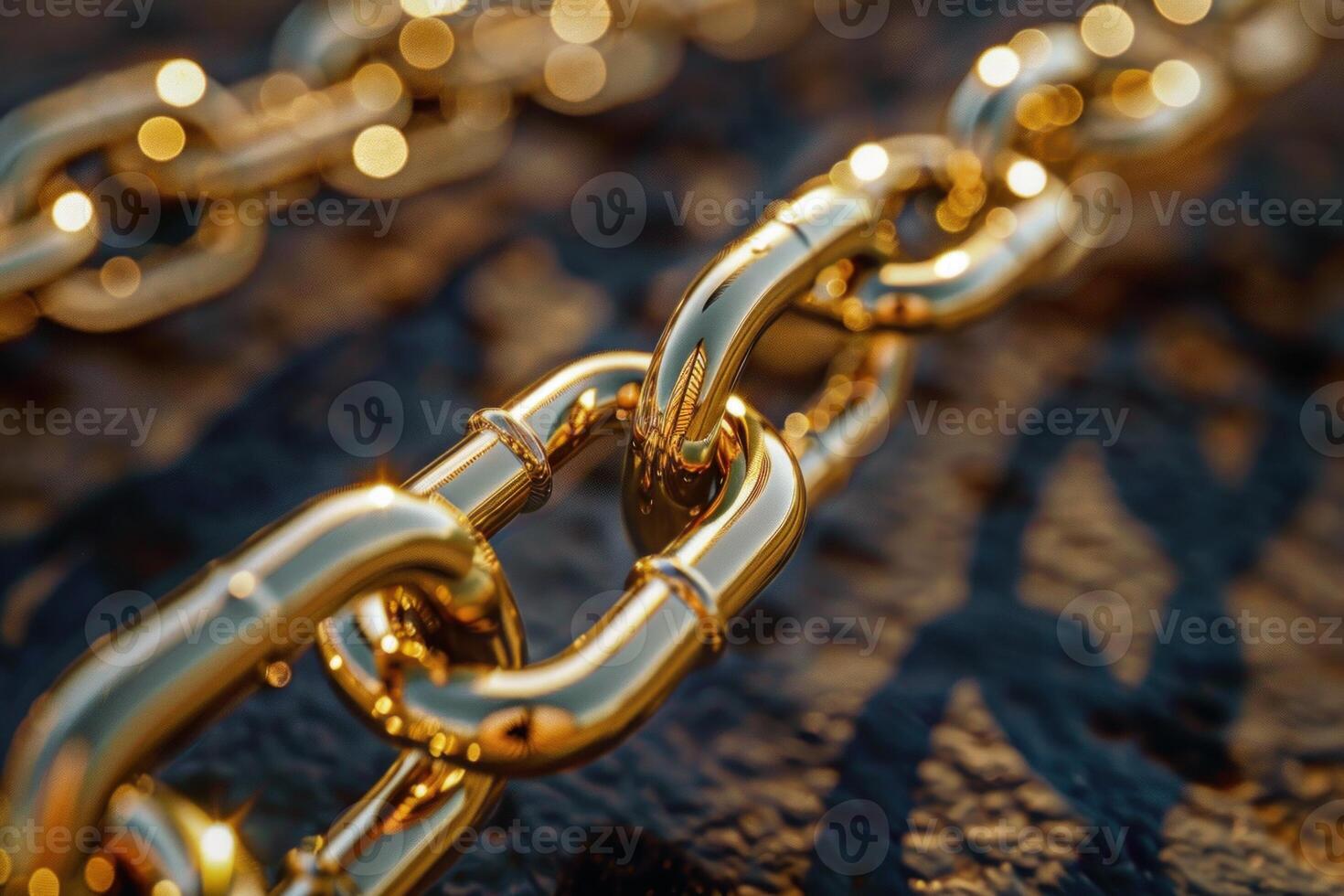 Close up of shiny golden chain lying on dark stone surface photo