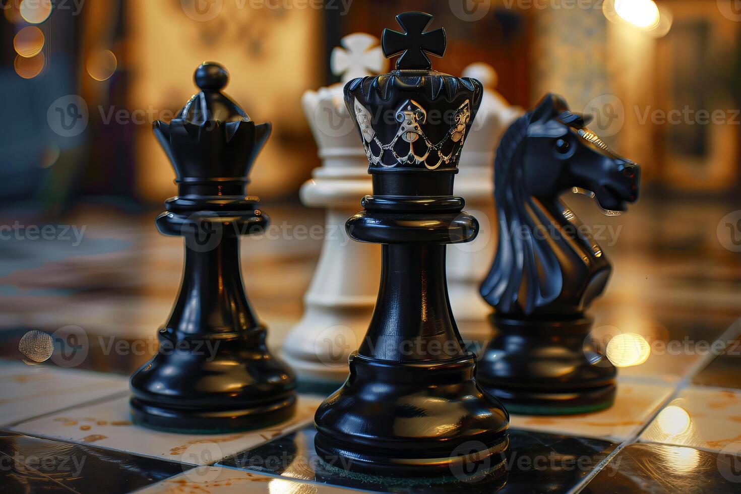Black king and queen standing on chessboard with other pieces photo