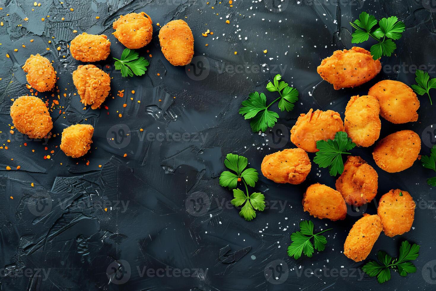 Chicken nuggets with parsley lying on a dark background photo