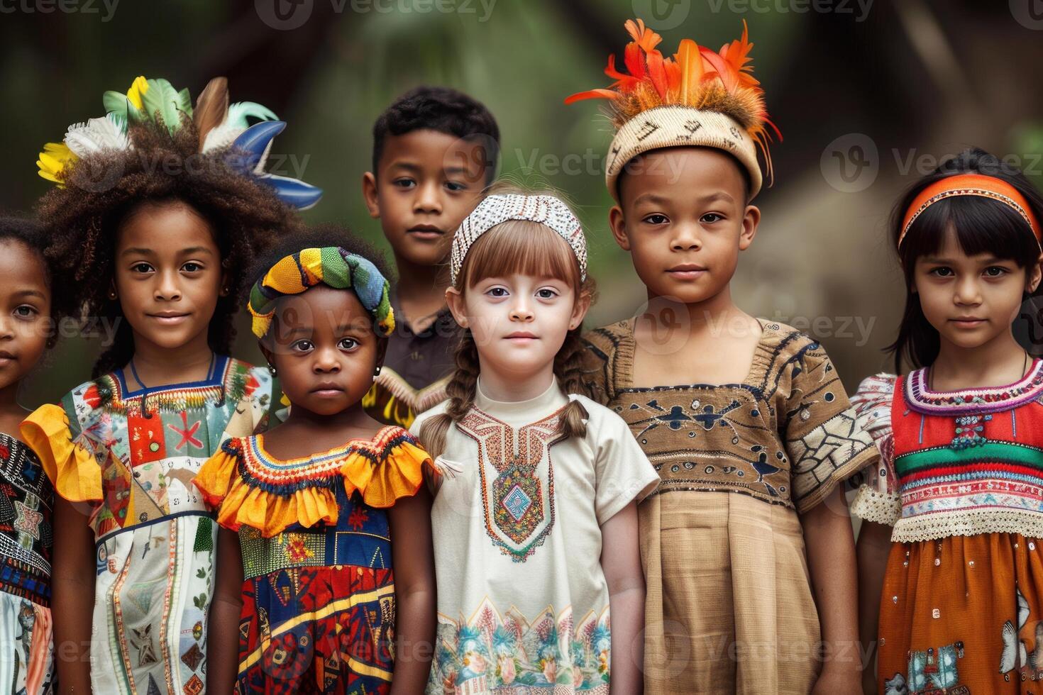 Diverse group of children wearing traditional clothes posing together photo